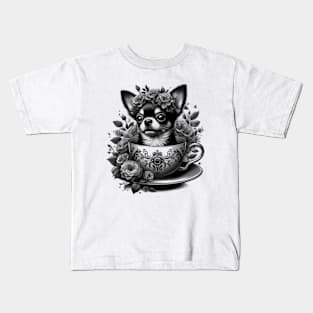 chihuahua peeking dog out from a teacup, surrounded by delicate flowers Kids T-Shirt